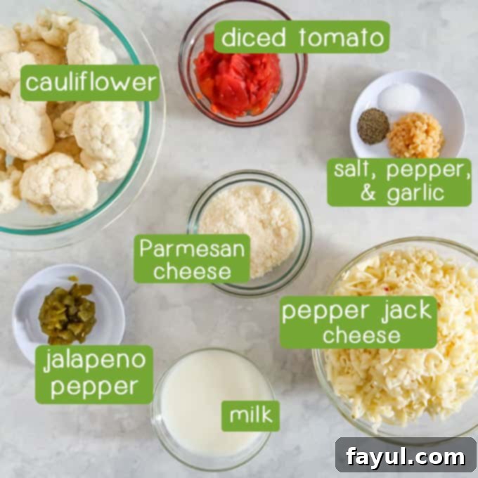 Ingredients- cauliflower, diced tomato, salt, pepper, garlic, Parmesan cheese, pepper jack cheese, jalapeño pepper, and milk.