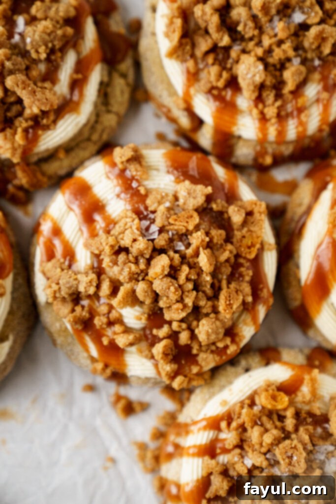 Close-up of three Caramel Banana Bread Cookies, showing their rich caramel drizzle.