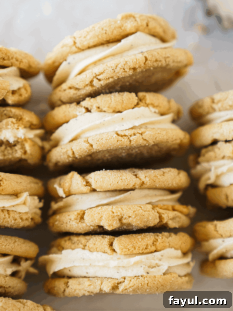 Next-Level Snickerdoodle Cookie Sandwiches 2 Snickerdoodle Cookie Sandwich - A close-up of two halves of a snickerdoodle cookie sandwich with creamy brown butter frosting visible between them, dusted with cinnamon sugar.