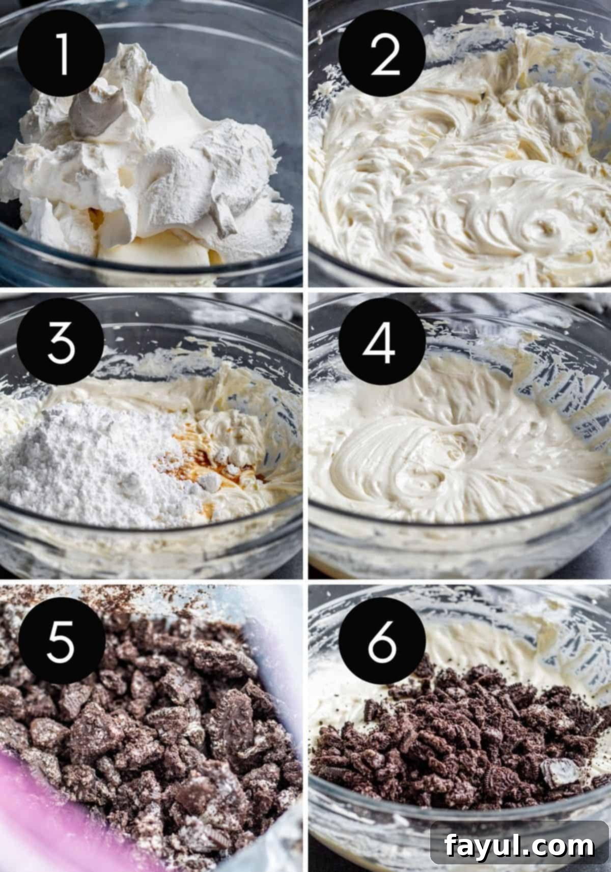 Effortless Oreo Dip Delight 4 Step by step preparation images showing how the creamy Oreo dip is being made in a large bowl with a hand mixer.