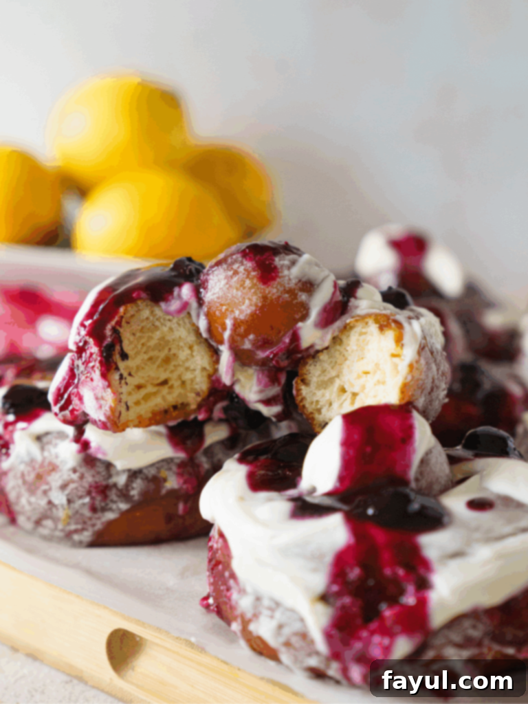 fried blueberry donut, homemade ricotta donuts with blueberry and lemon glaze