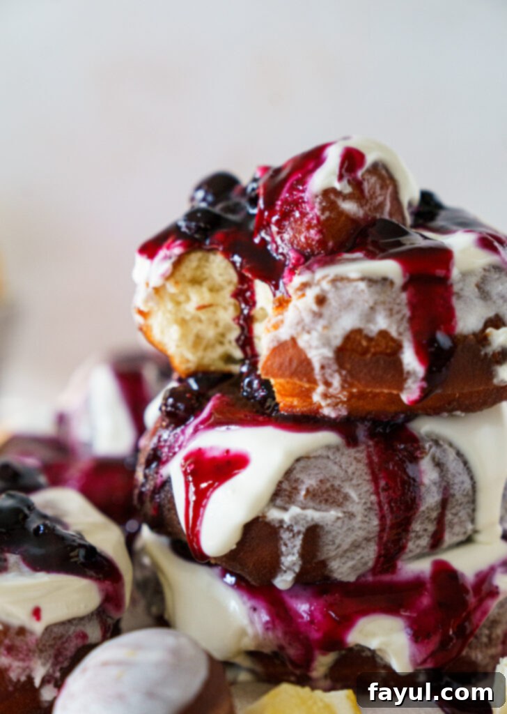 close up of fried blueberry donuts with creme fraiche and blueberry compote