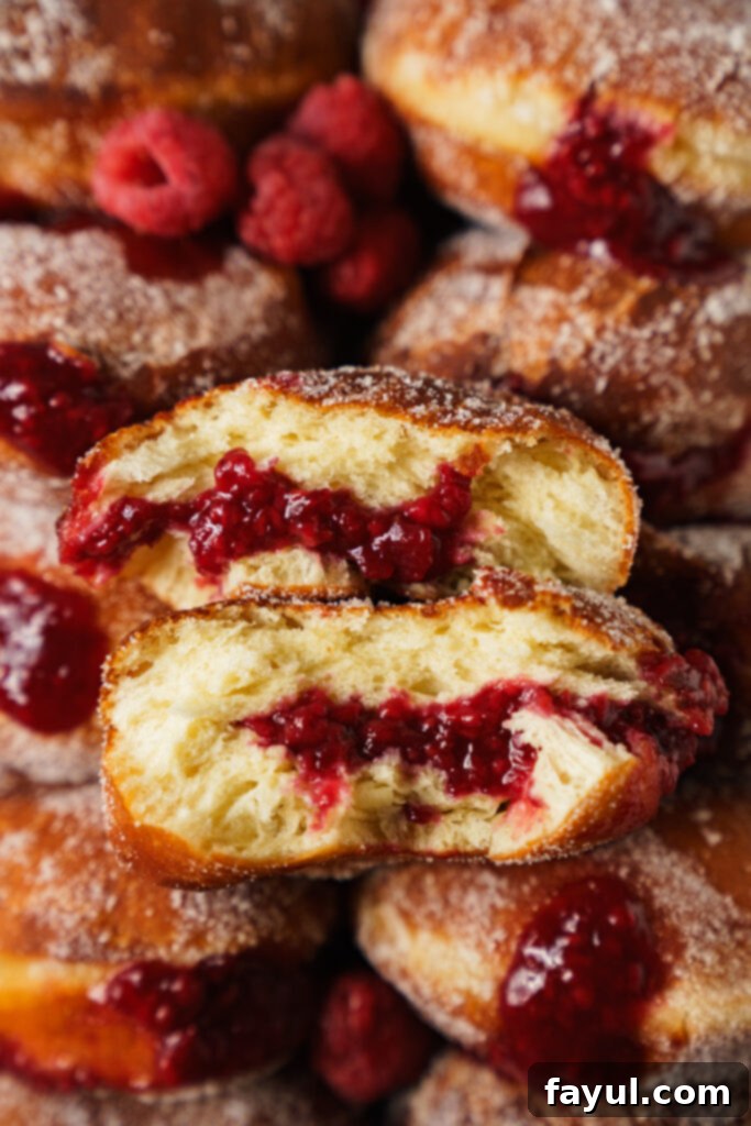 Freshly fried raspberry jelly donuts cooling on a wire rack.