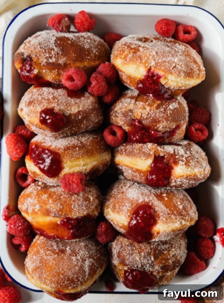 Close-up of a raspberry filled donut on a cooling rack.