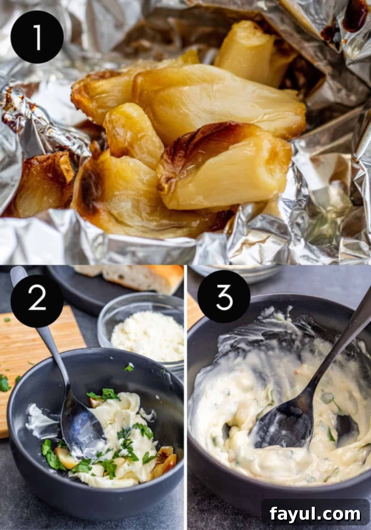 Three shot prep image collage with numbers showing garlic butter being made and spread.