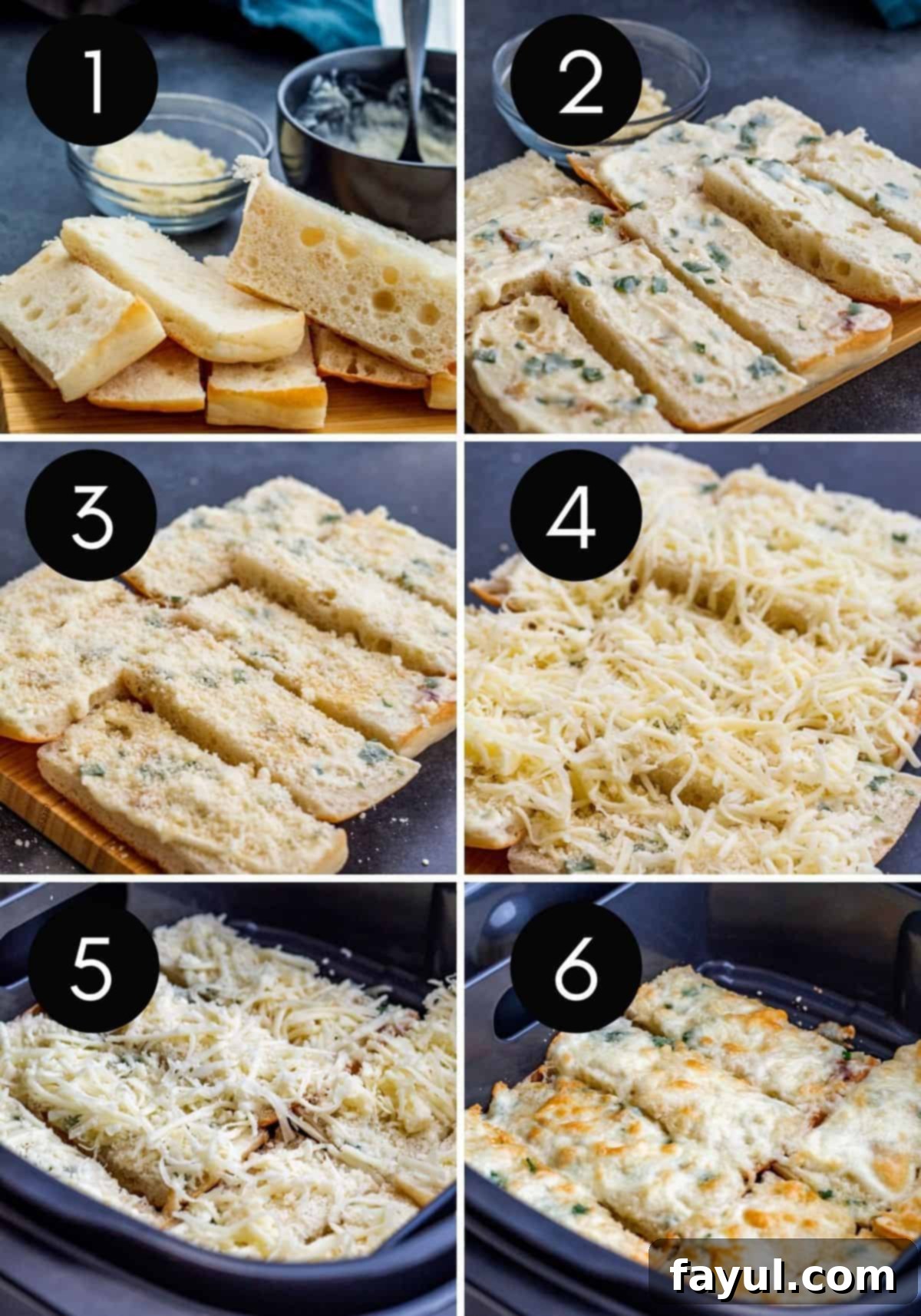 Six image, numbered collage showing garlic bread being prepped, buttered, cheesed, and air fried.