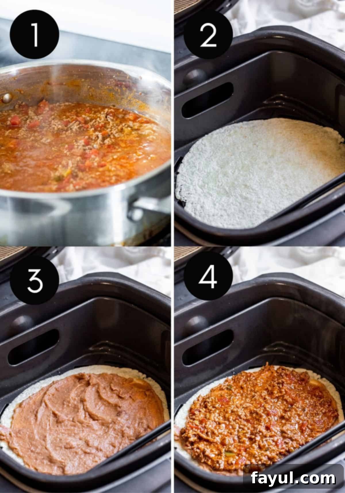 Steps 1-4 prep collage showing pizzas being made in air fryer.