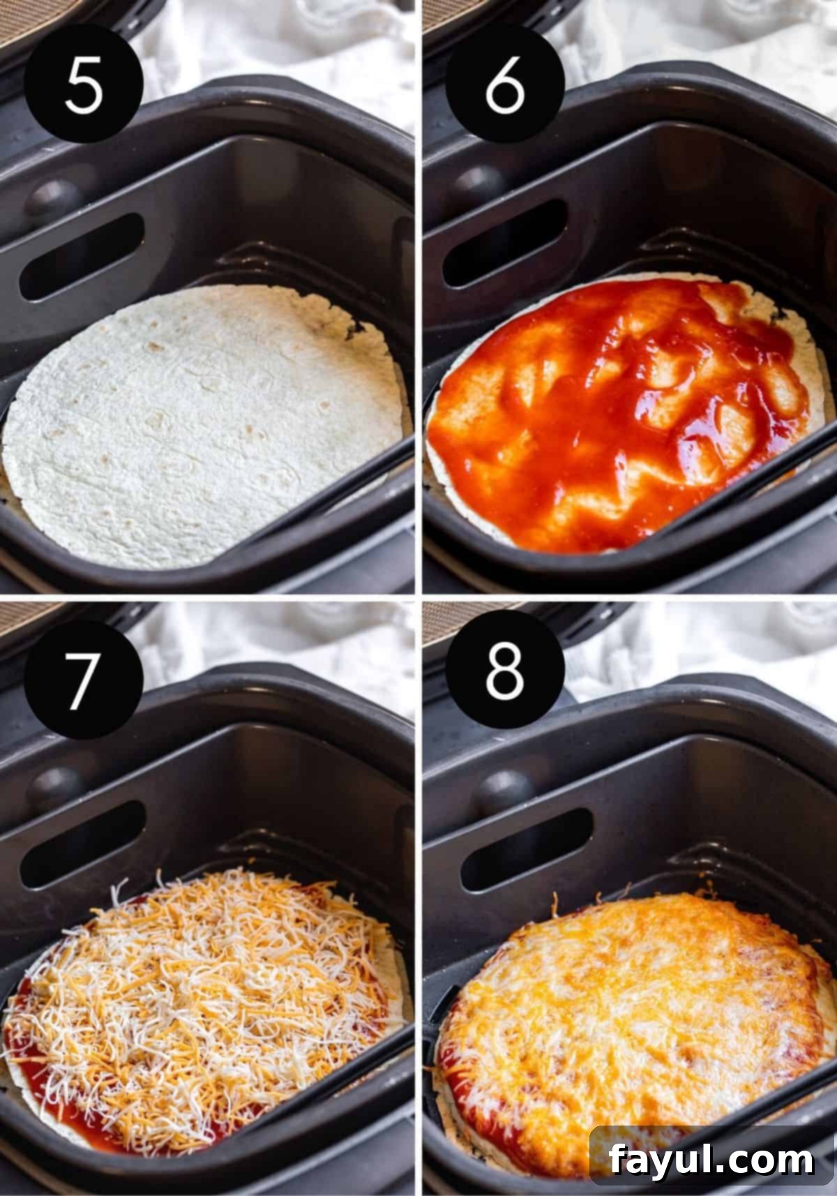 Steps 5-8 showing mexican pizzas being made in air fryer with numbered pictures.