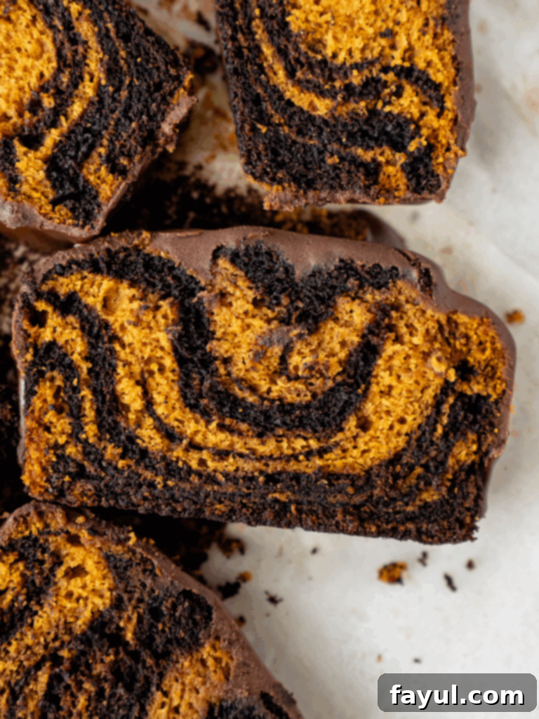 Delicious pumpkin chocolate swirl bread slices