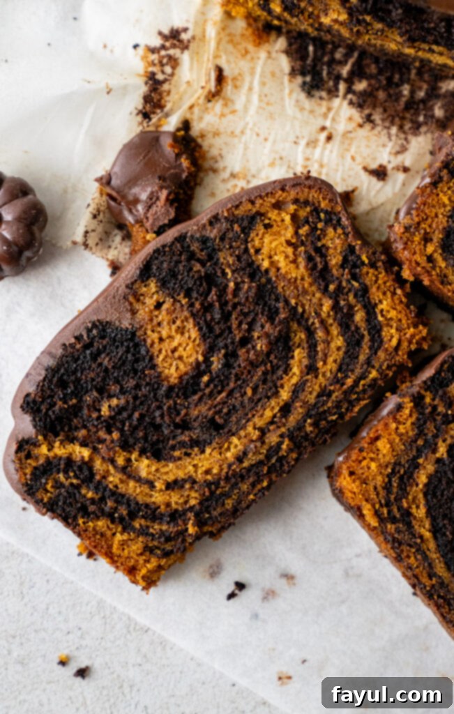 Beautifully baked pumpkin chocolate swirl bread, still whole on a cooling rack