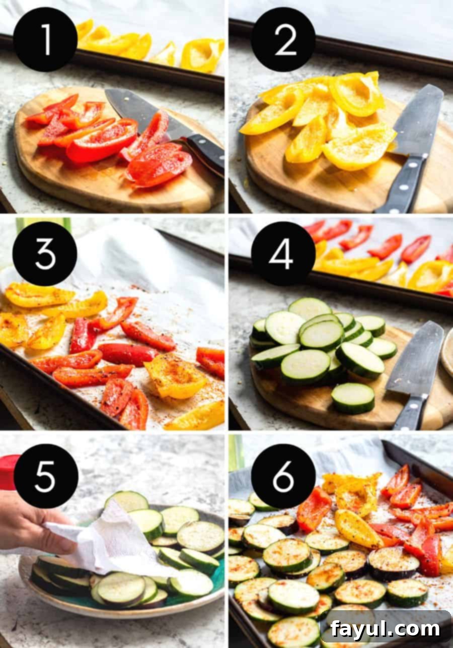 Six step prep image showing peppers being sliced, zucchini being sliced and salted and veggies seasoned.