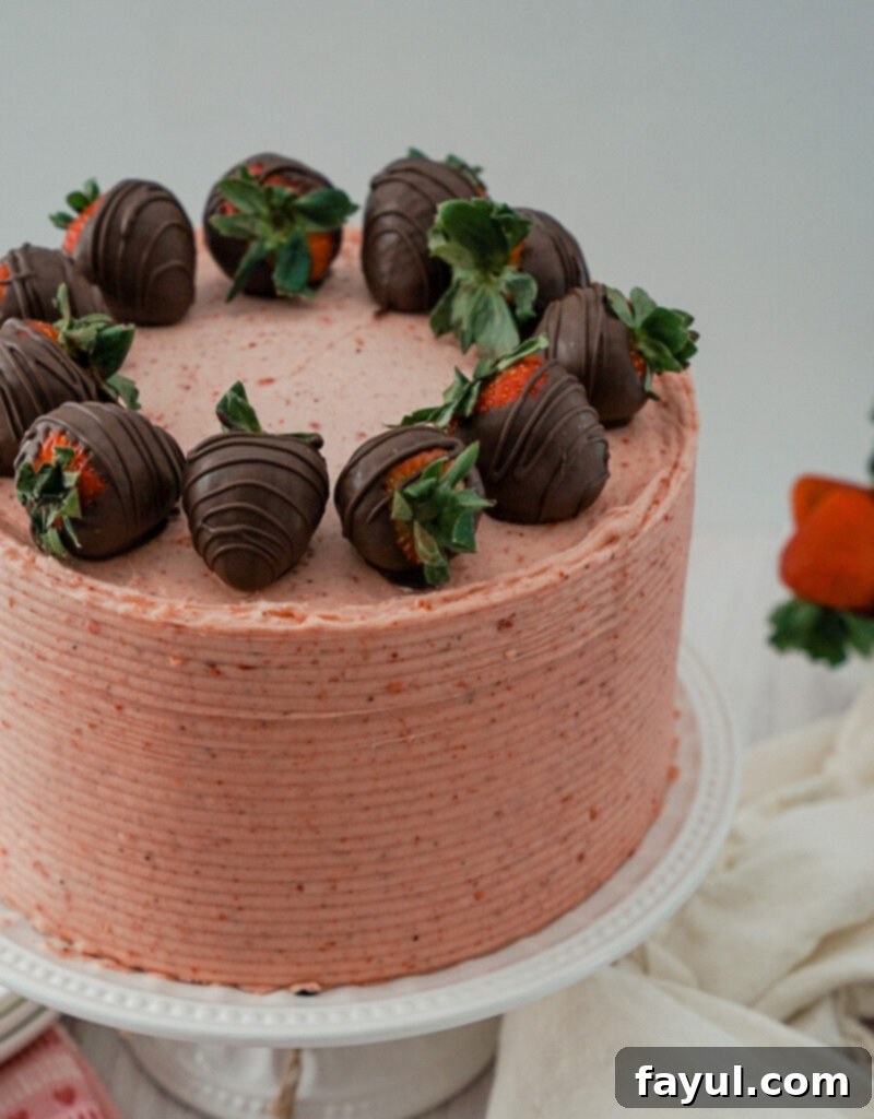 Decadent Chocolate Dipped Strawberry Cake, beautifully layered and adorned with fresh berries, perfect for Valentine's Day.