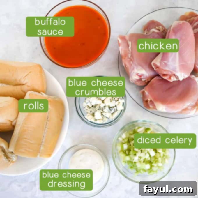 Gather ingredients- Chicken, buffalo chicken sauce, rolls, celery, blue cheese crumbles, and blue cheese dressing.