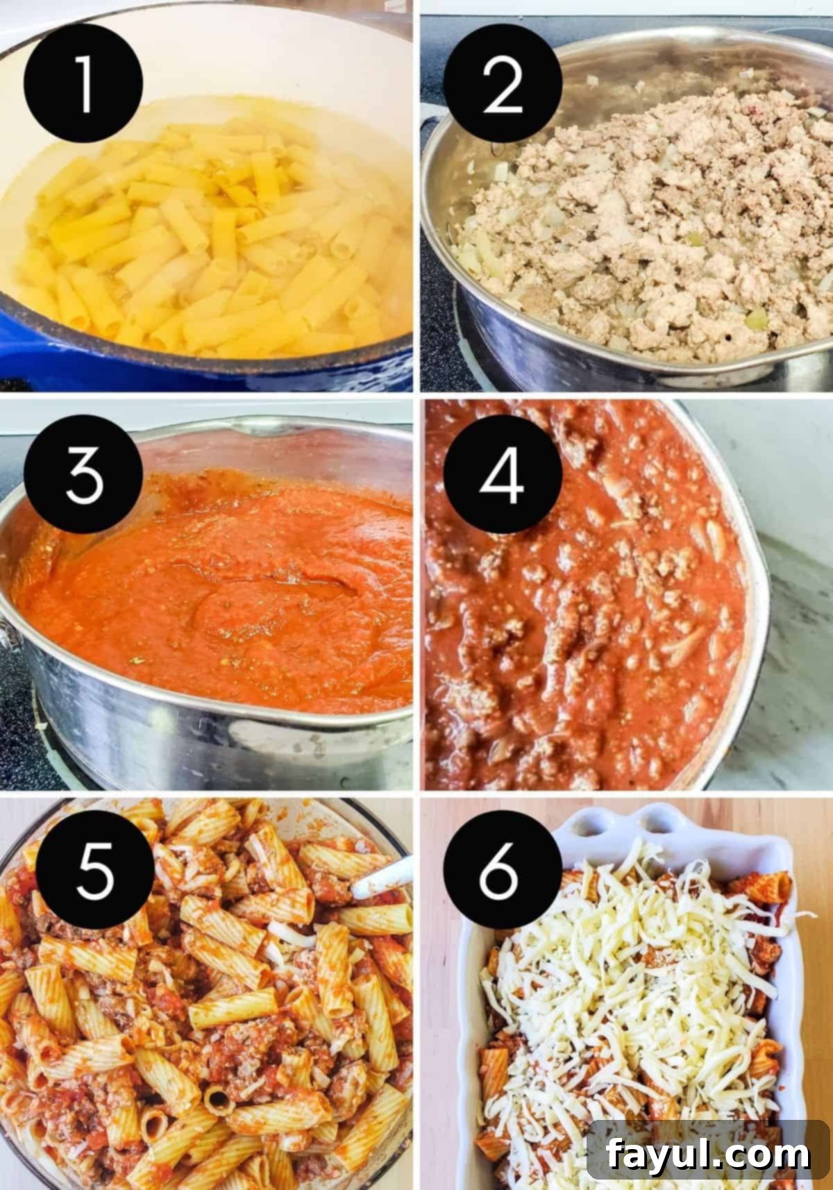 Prep image for baked mostaccioli with six numbered images.