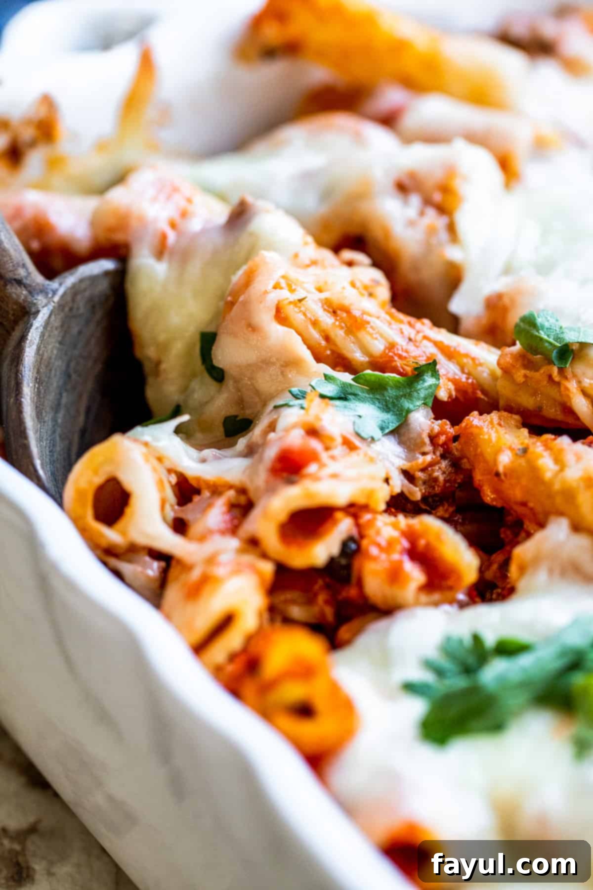 Spoon in dish of pasta.