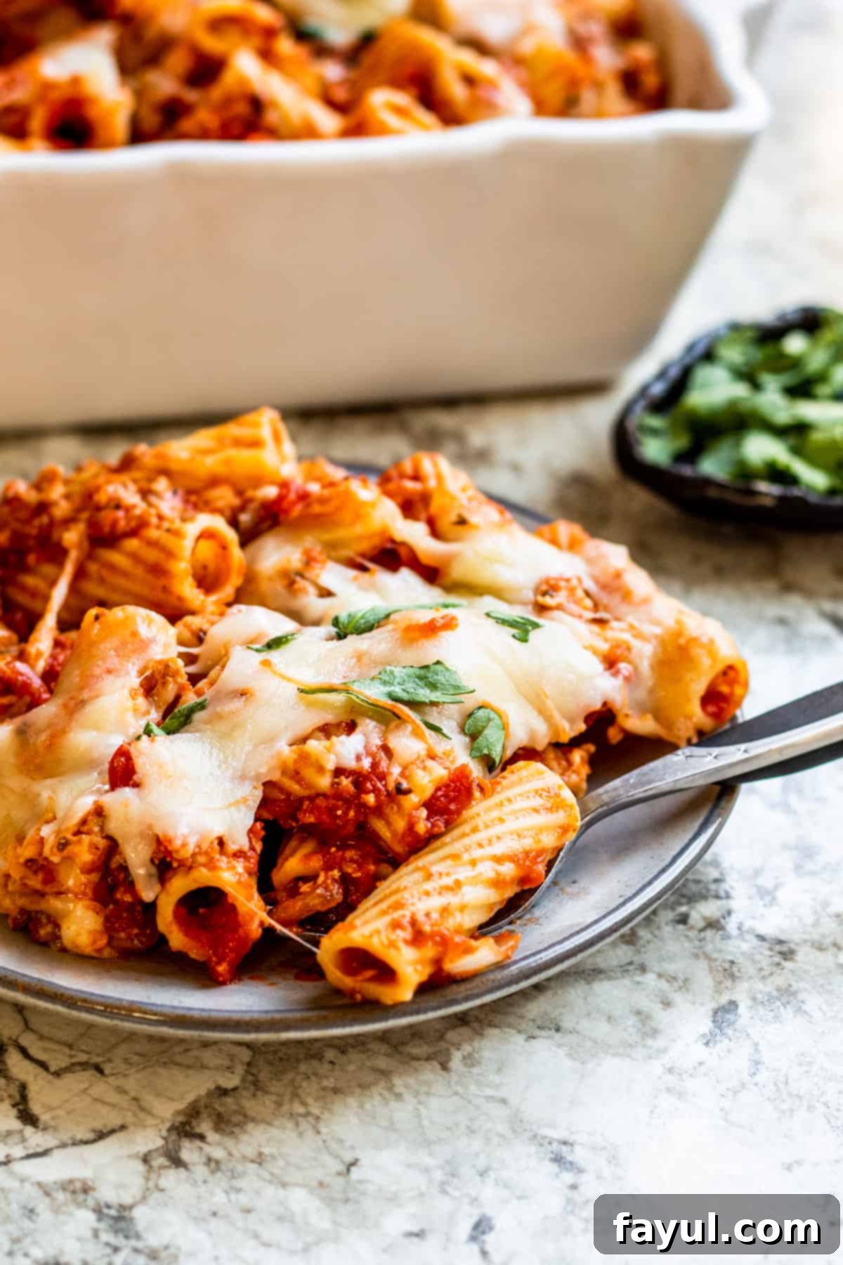 Small plate of mostaccioli with baking dish in background.