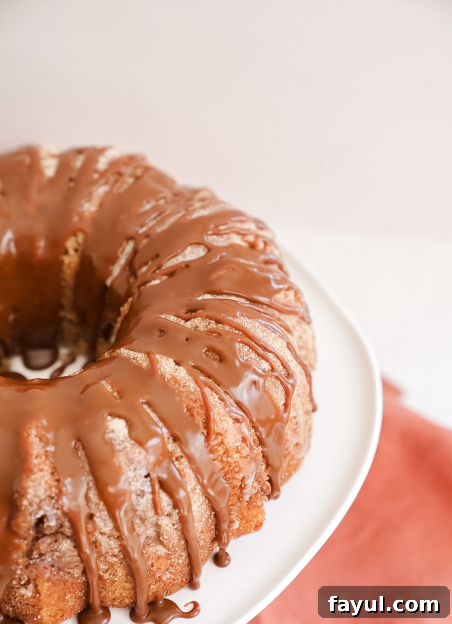 Another view of the finished churro bundt cake, showcasing its beautiful shape and the glistening cinnamon ganache.
