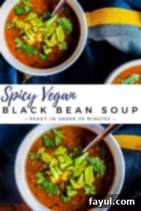 Pin for vegan black bean soup recipe. The image is a collage. The bottom image is a overhead close up shot of the soup in a white bowl. The soup has diced avocado and cilantro on top and a silver spoon in the bowl on the right side. There is a blue, yellow and grey towel on the right side of the bowl. The top image is of two bowls of the soup. Both are in white bowls and out of frame. There is the same blue, yellow and grey towel next to the bowls. In the center of the two images is a white bar. On top is text in cursive blue that says "spicy vegan." Under that in black text it says, "black bean soup". Under that in smaller black text it says, "ready in under 30 minutes"