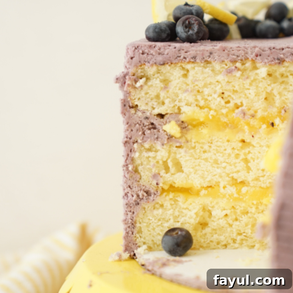 A beautifully decorated three-layer Lemon Blueberry Cake, adorned with fresh blueberries and lemon slices.