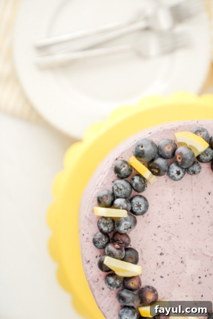 A close-up of the assembled Lemon Blueberry Cake, showing the layered components: lemon cake, lemon curd, and blueberry buttercream.