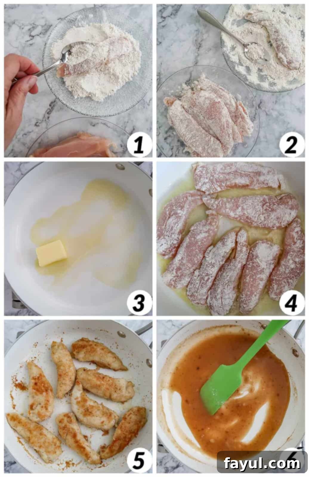 Six-panel photo collage showing the cooking process: (1) coating chicken in flour mixture, (2) placing chicken in hot butter in a skillet, (3) frying chicken, (4) chicken tenders browning, (5) deglazing the pan with liquids, (6) finished gravy in a bowl.