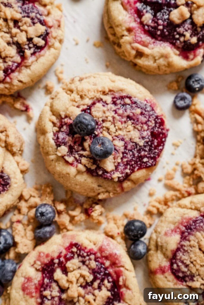 A close-up of the browned butter blueberry cookies, emphasizing the texture
