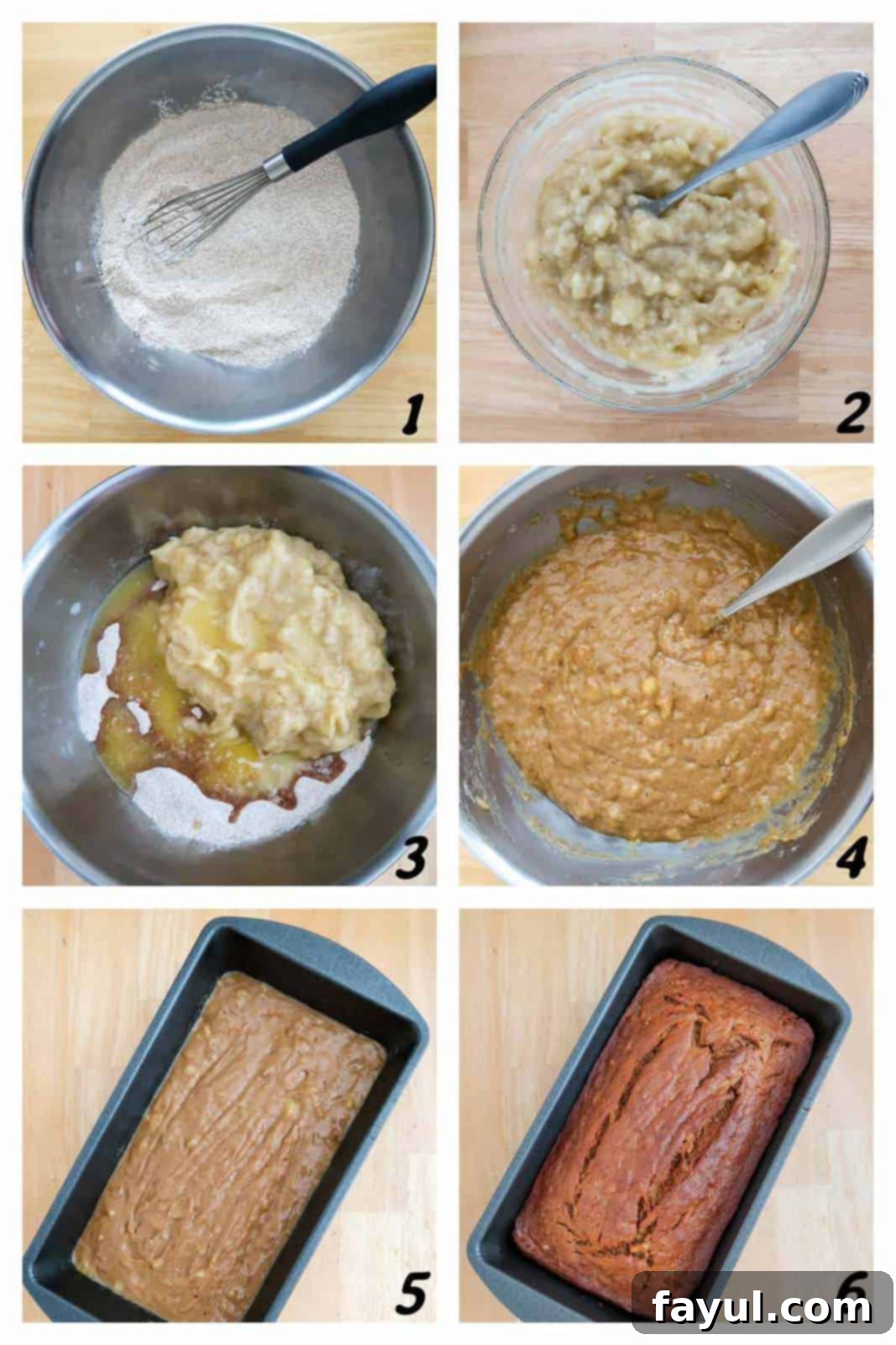 Six panel grid of process shots- mixing together ingredients, pouring into pan and baking.