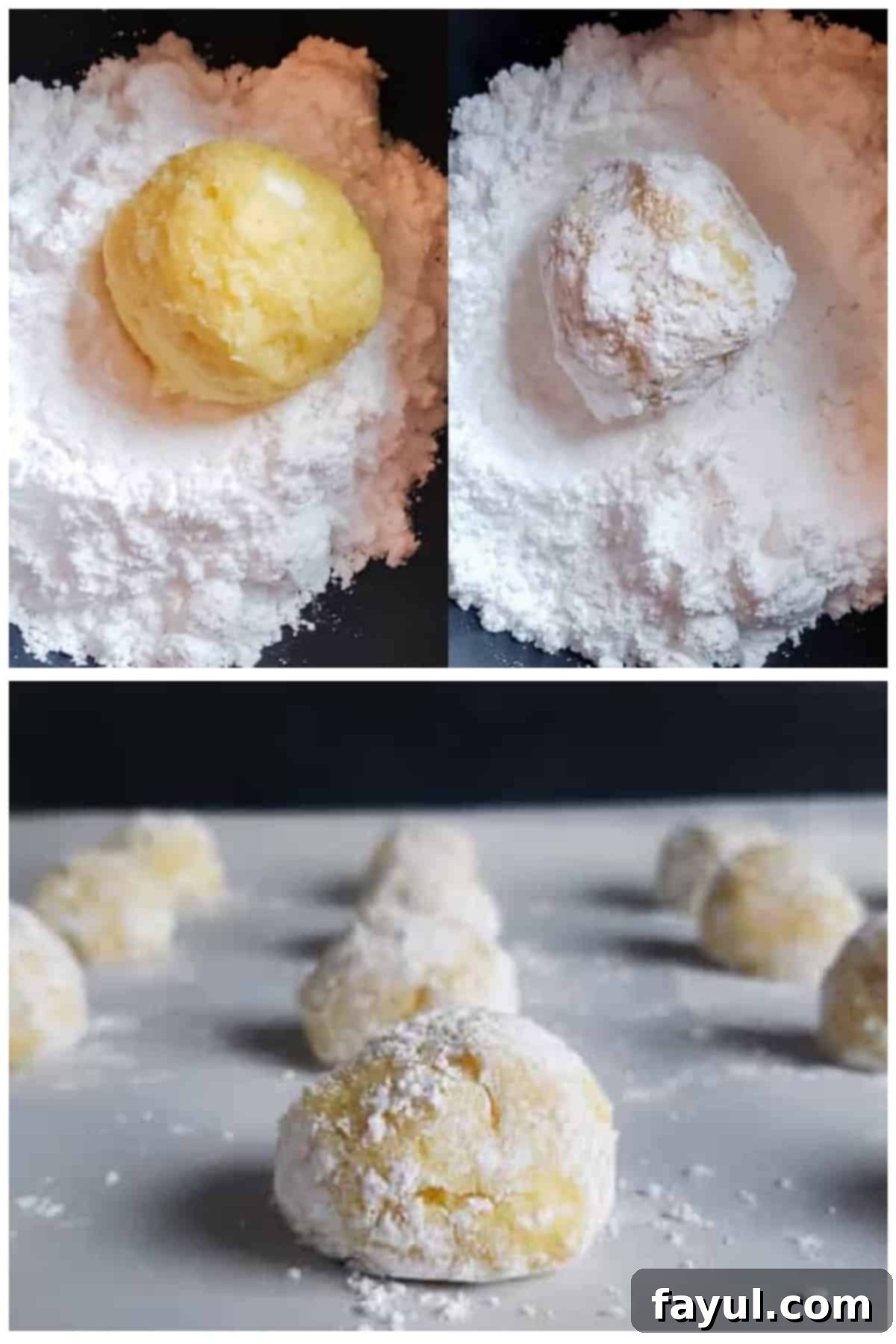 A step-by-step prep image showing rolled gooey butter cookie dough balls, some coated in powdered sugar, and others neatly arranged on a parchment-lined cookie sheet before baking. This visually guides the preparation process.