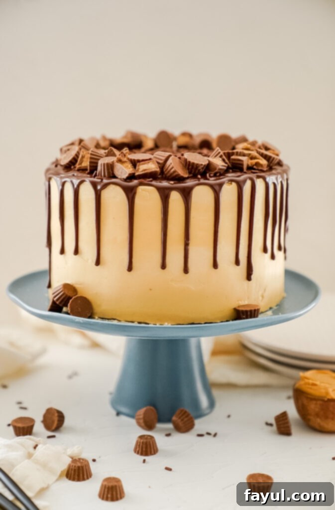 Tall three-layer chocolate cake with peanut butter frosting being frosted