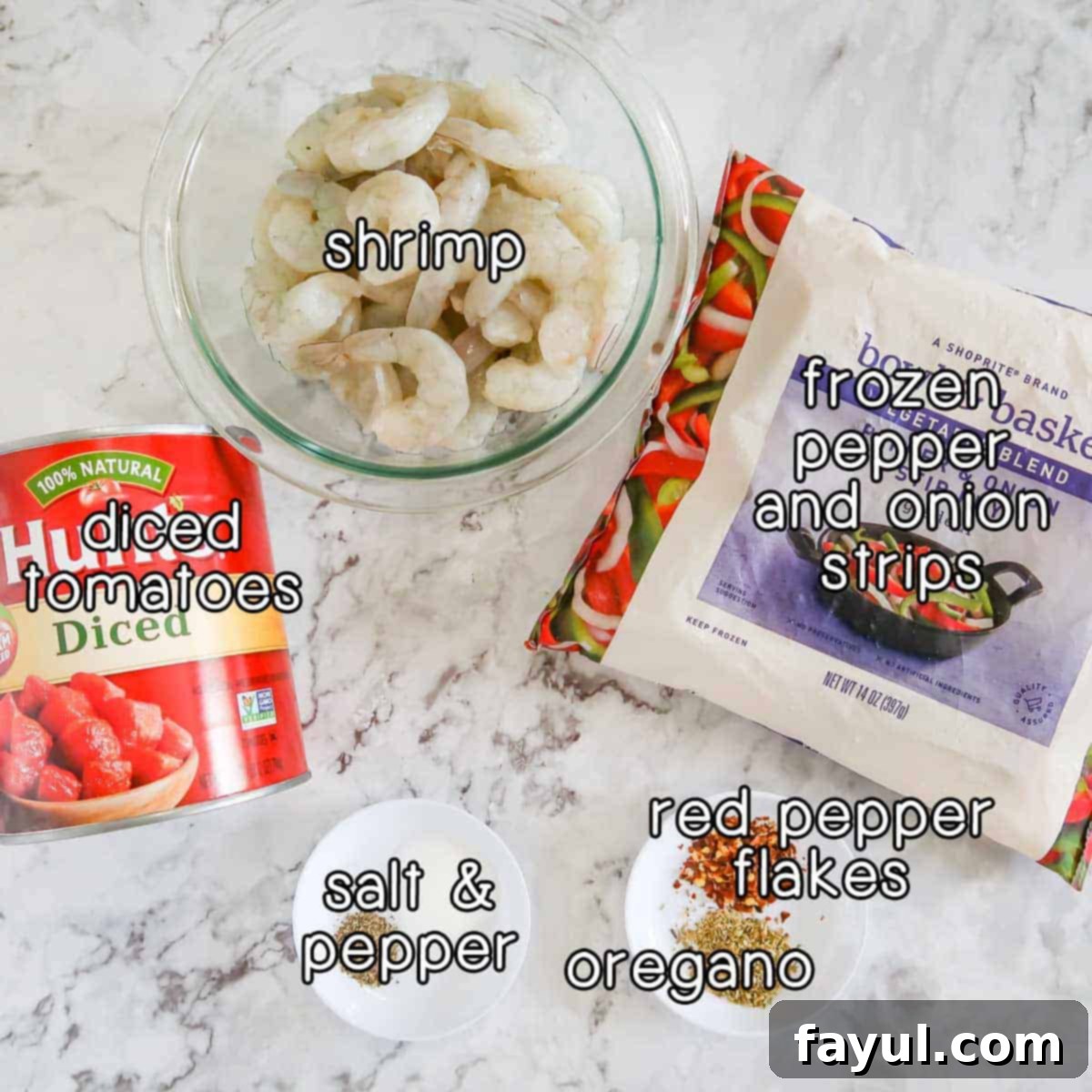 Overhead shot of ingredients - shrimp, diced tomatoes, frozen pepper and onion strips, salt and pepper, red pepper flakes, and oregano. All ingredients for a quick shrimp stew recipe.