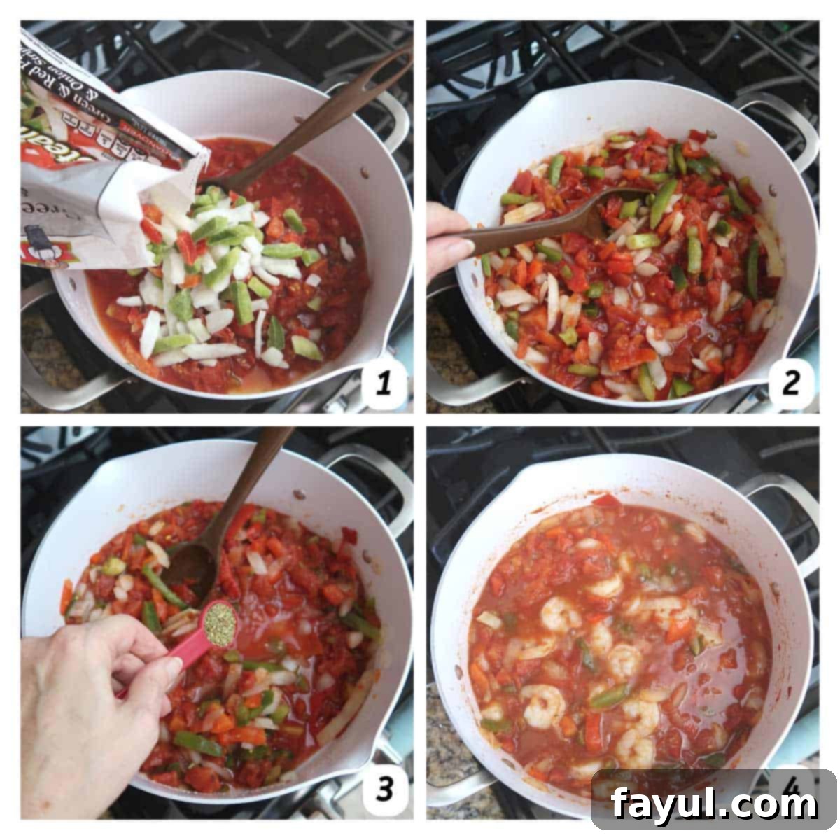 Four panel grid of process shots - gradually combining ingredients in a large pot over heat. Visual guide for making easy shrimp stew.