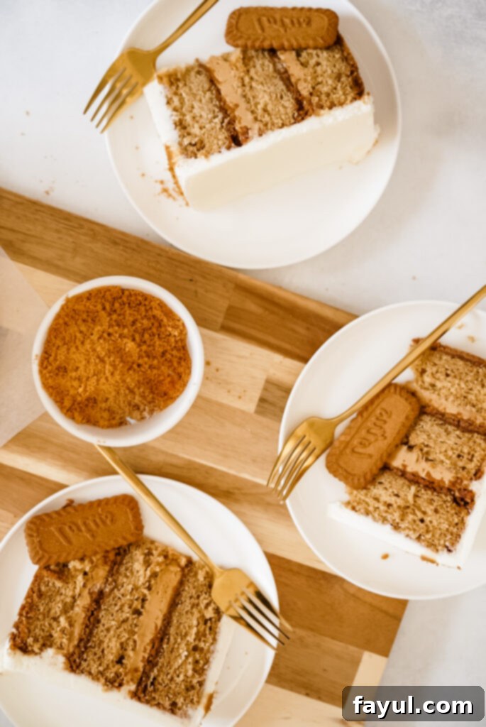 The process of assembling the Biscoff cake, with layers and filling visible