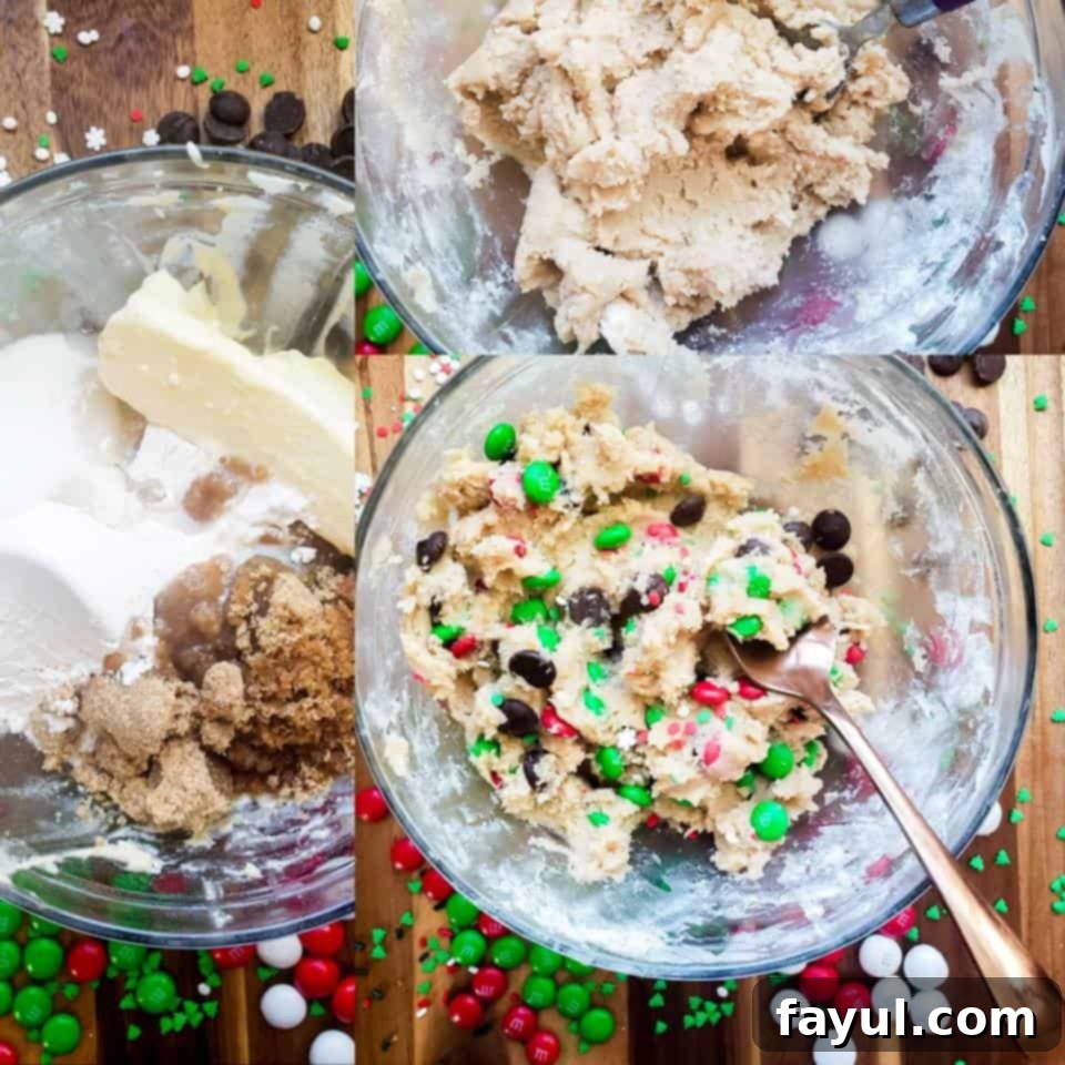Prep image showing edible cookie dough ingredients being combined into a large glass bowl on a wooden counter, with hands mixing.