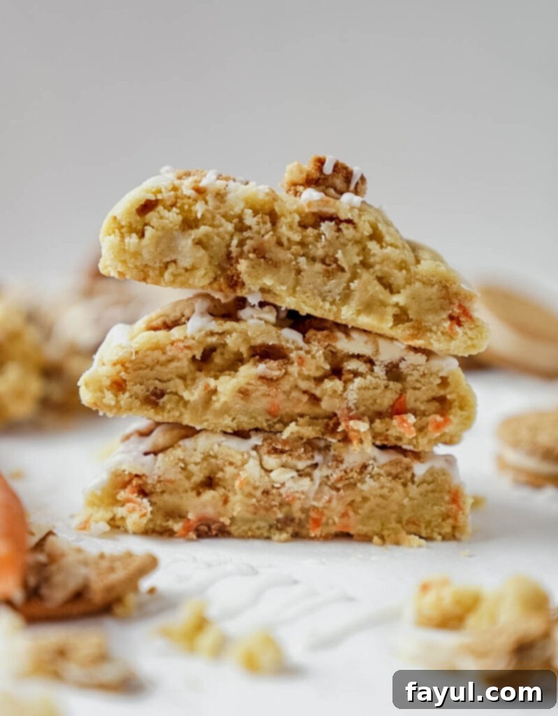Close-up of a stack of freshly baked Carrot Cake Oreo Cookies with cream cheese drizzle on a white surface.