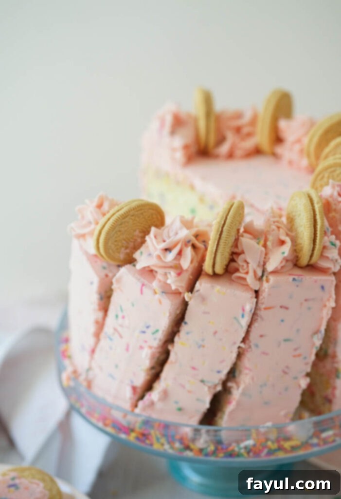 Golden Oreo Birthday Cake layers with sprinkles and creamy frosting