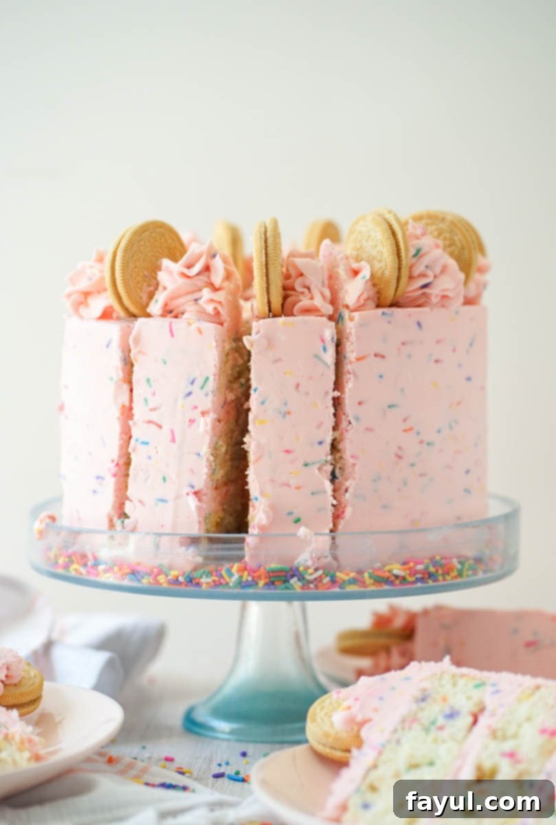 Close-up of Golden Oreo Birthday Cake frosting and sprinkles