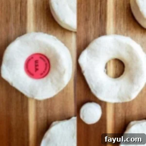 Collage showing the donut preparation process: a Pillsbury biscuit with a bottle cap ready to cut a hole, and a cut biscuit dough forming a donut shape with a separate donut hole.
