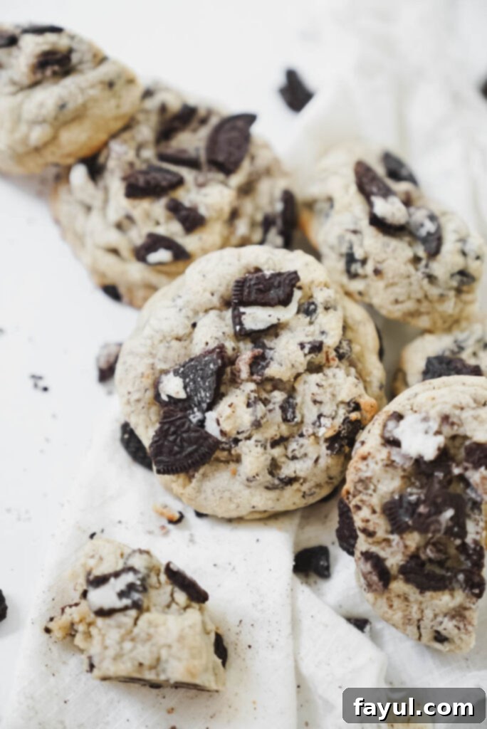 Stacked bakery style Oreo chocolate chip cookies showcasing their thick, soft, and chewy texture with visible chocolate chips and Oreo chunks.