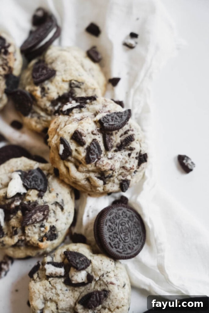 Freshly baked bakery style Oreo chocolate chip cookies cooling on a wire rack, with a focus on their perfectly golden-brown edges and soft centers.