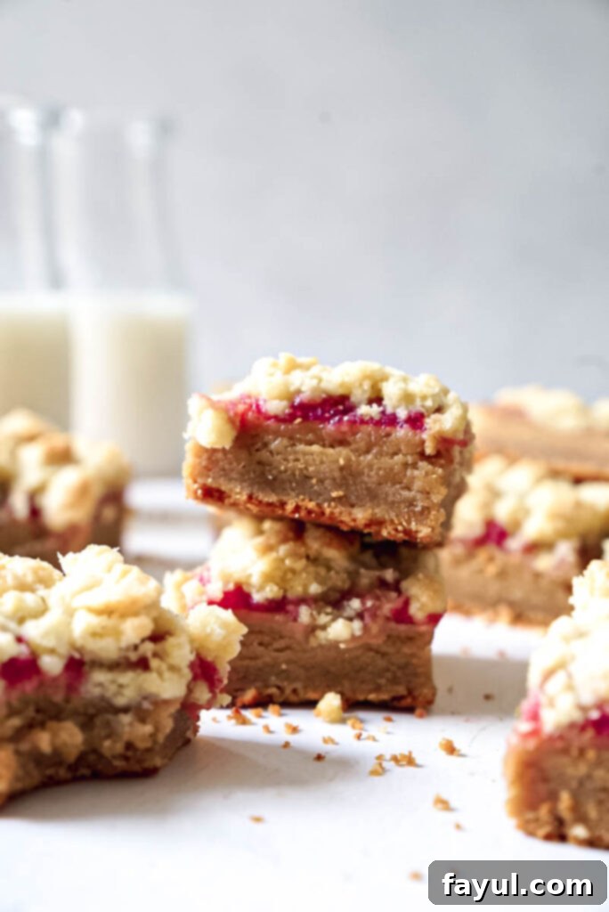 Close-up of freshly baked Peanut Butter and Jelly Bars, showing the layered texture of cookie base, jam, and crumb topping.