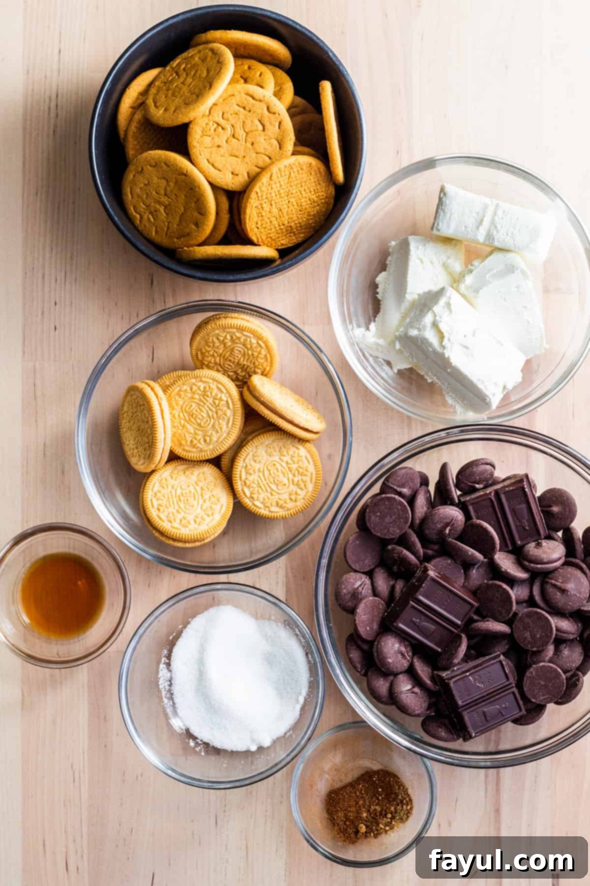 Truffle ingredients laid out on wooden counter in bowls, showing gingersnaps, Oreos, cream cheese, chocolate, and spices.