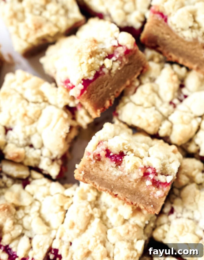 Another view of the Peanut Butter and Jelly Bars, showcasing their golden-brown crumb topping and a hint of the jam layer.
