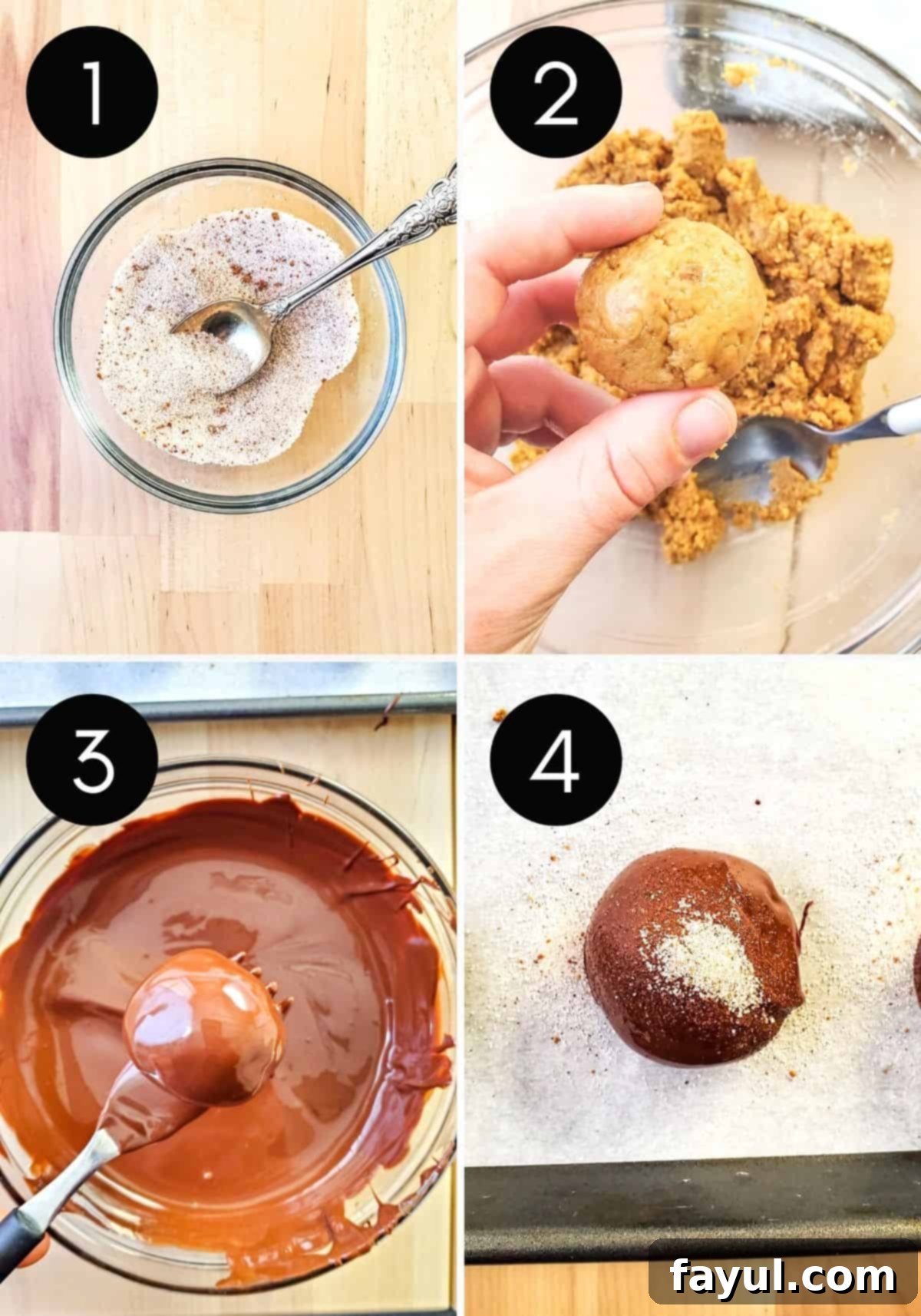 Sugar coating being made and truffles being coated in chocolate prep collage, showing the process of decoration.