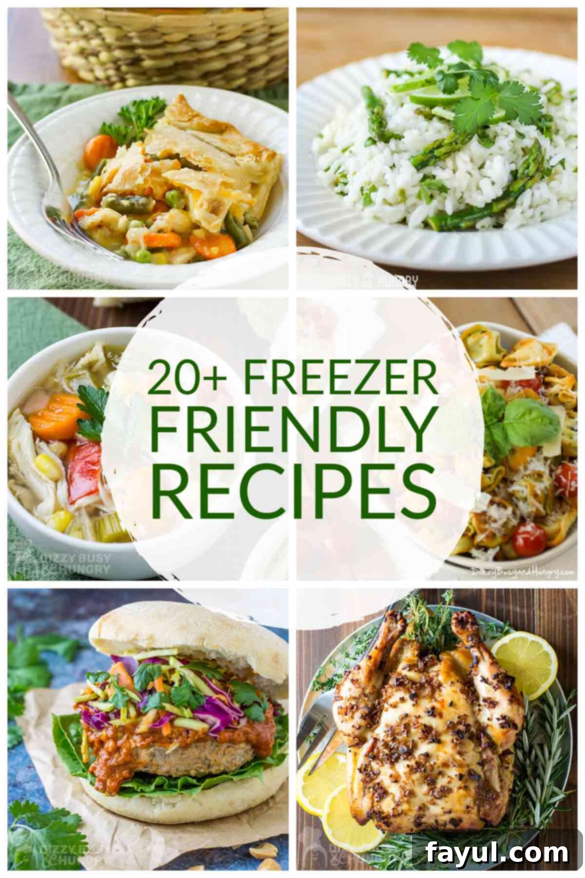 A collage featuring various appetizing freezer-friendly meals such as chicken pot pie, turkey burgers, and soups, all ready for make-ahead meal prep.