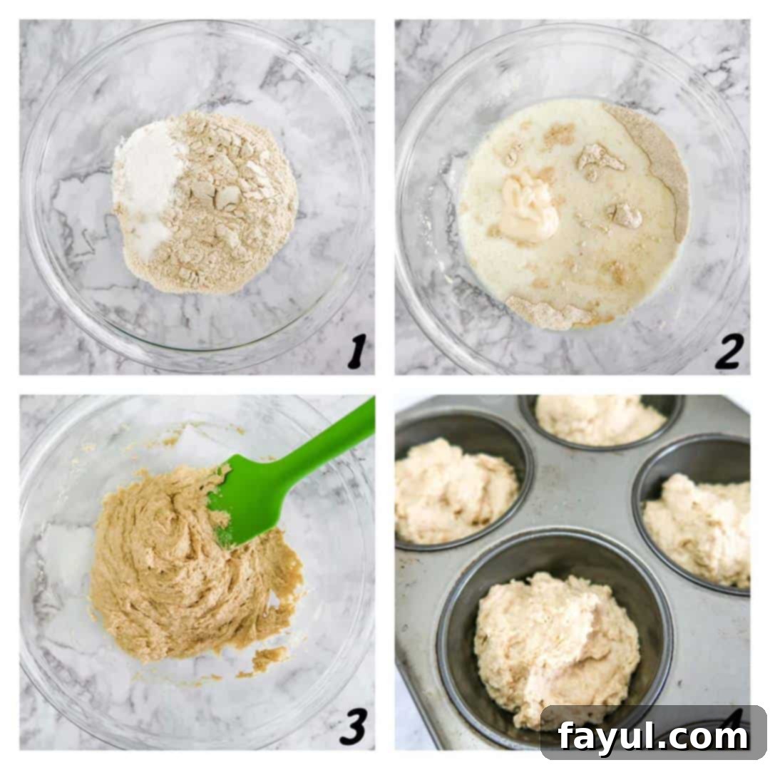 A four-panel grid showing the process of making drop biscuits: combining dry ingredients, adding wet, mixing to sticky dough, and dropping into a muffin tin.