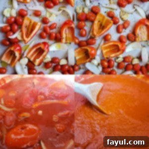 Prep image for roasted red pepper tomato soup recipe. The image is a collage of four images. The top left image shows red peppers, garlic, onion, and tomatoes on parchment paper. The second image on the top right is the same tray oven veggies after they have been roasted. The bottom left image is all the ingredients simmering in a large pot. The bottom right image is the soup blended and finished. 