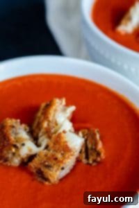 Close up shot of soup. The shot is close up and focuses on the front white bowl of soup. There are grilled cheese bites on top. There is also a second bowl faded in the background.