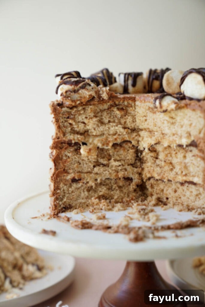 Two slices of Churro S'mores Cake on a plate, showing the distinct layers and rich frosting.