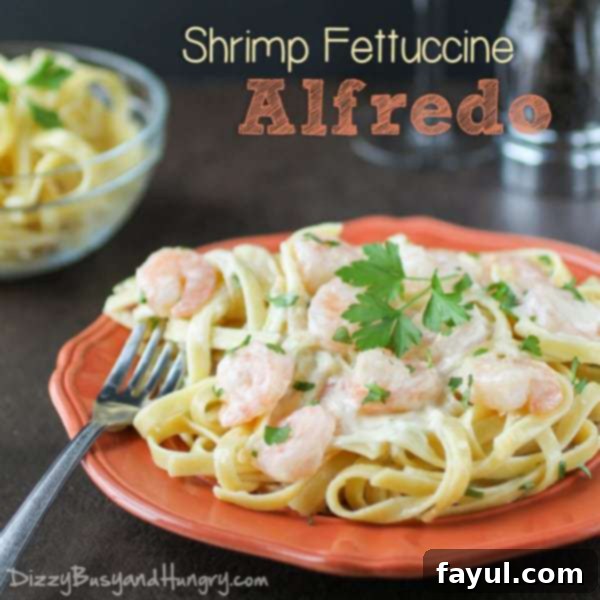 Shrimp Alfredo on a coral plate with fettuccine and garnished with parsley
