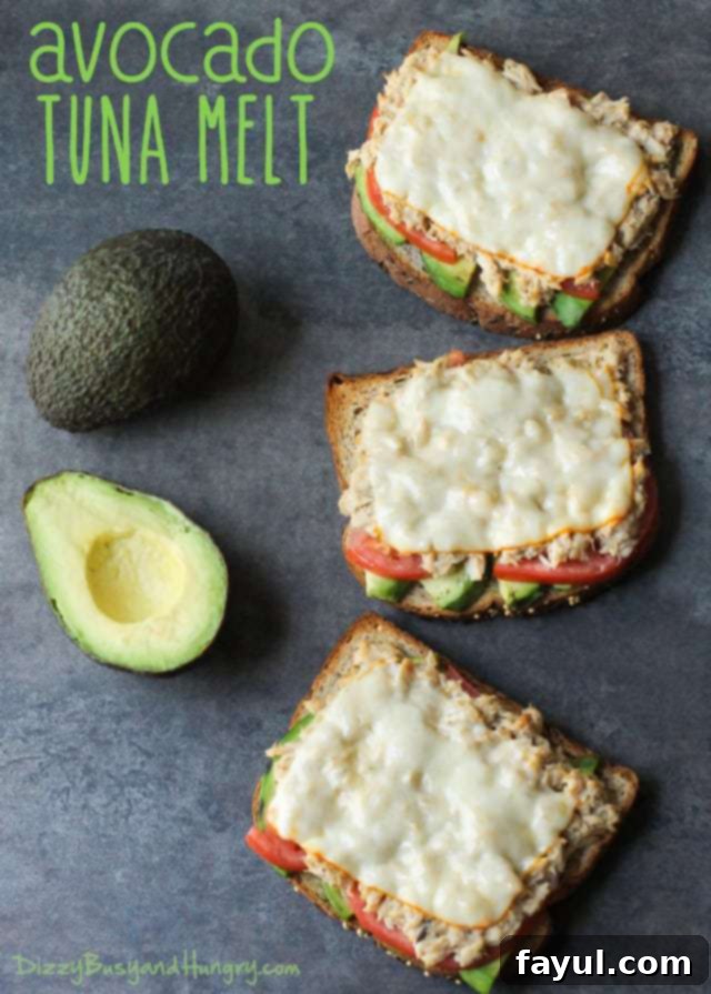 Overhead view of open faced avocado tuna melts on a stone background with a halved avocado on the left side.